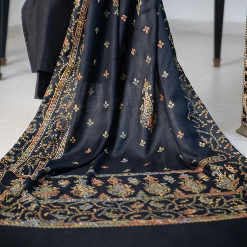 Black Pashmina Wool Hand-Embroidered Shawl (Needle work)