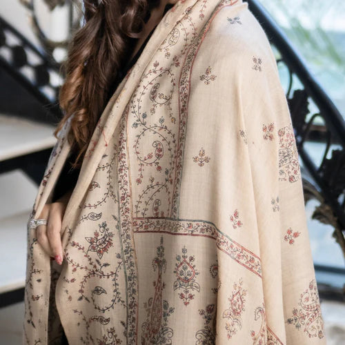 Beige Pashmina Wool Hand-Embroidered Shawl (Needle work) -