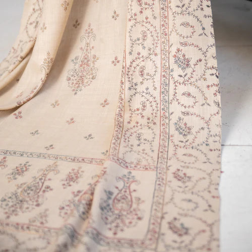 Beige Pashmina Wool Hand-Embroidered Shawl (Needle work) -