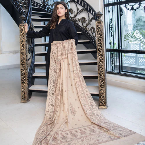 Beige Pashmina Wool Hand-Embroidered Shawl (Needle work) -