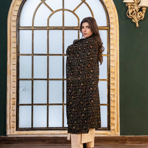 Black Needlework Pashmina Wool Shawl -