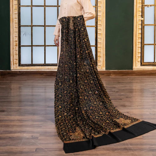 Black Needlework Pashmina Wool Shawl -