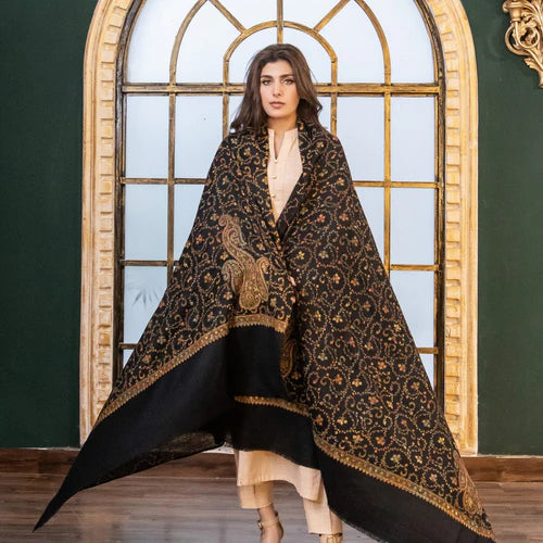 Black Needlework Pashmina Wool Shawl -