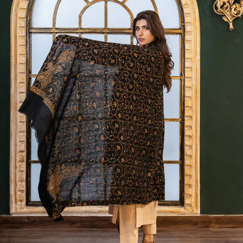 Black Needlework Pashmina Wool Shawl -