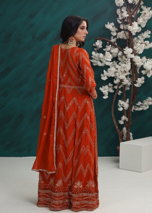 Festive Rust Orange Angrakha – 3 Piece Chiffon Ensemble