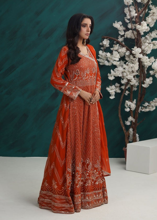 Festive Rust Orange Angrakha – 3 Piece Chiffon Ensemble