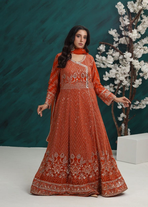 Festive Rust Orange Angrakha – 3 Piece Chiffon Ensemble