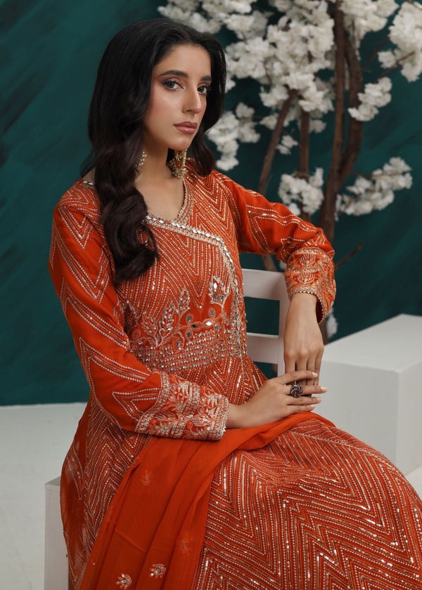 Festive Rust Orange Angrakha – 3 Piece Chiffon Ensemble