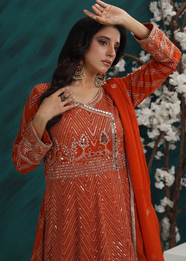 Festive Rust Orange Angrakha – 3 Piece Chiffon Ensemble
