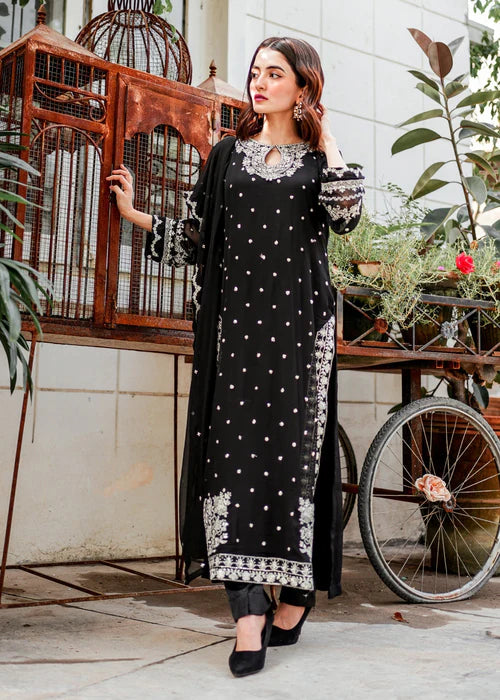 EMBROIDERED CHIFFON STITCHED 3 PIECE DRESS