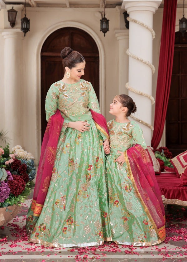 Radiant Elegance – Embroidered Organza Kurti & Tefeta Silk Lehenga Ensemble