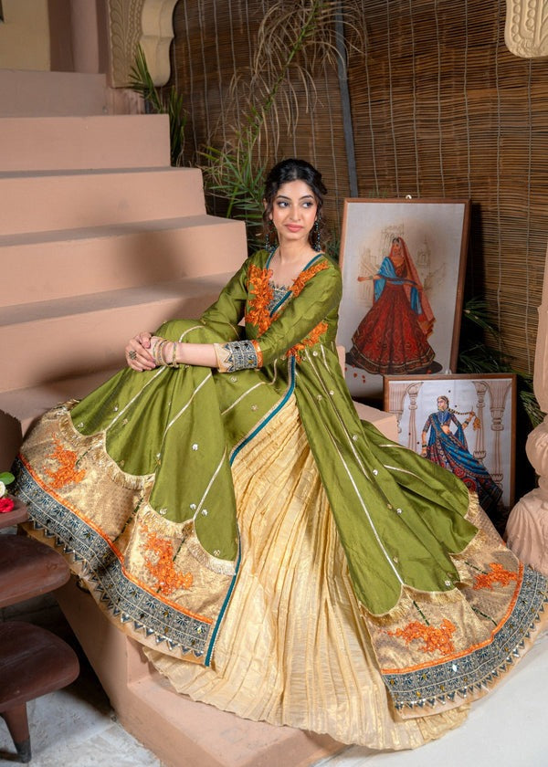 Raw Silk Angrakha in olive Green