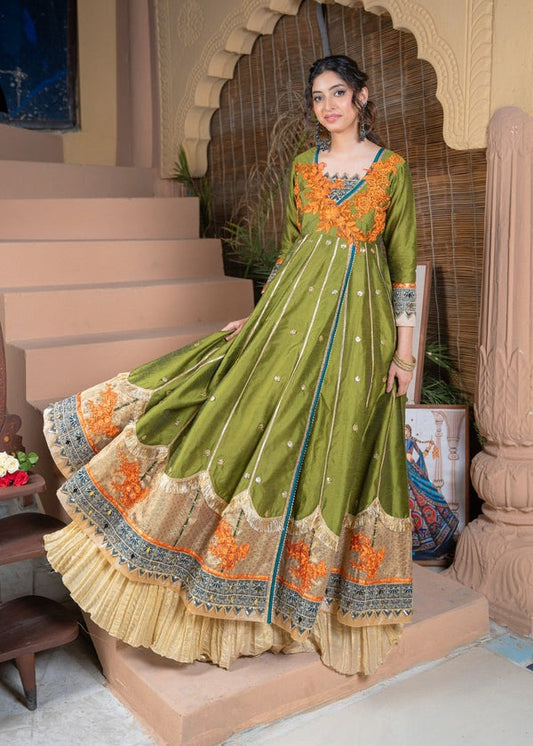 Raw Silk Angrakha in olive Green