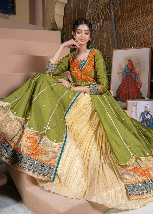 Raw Silk Angrakha in olive Green