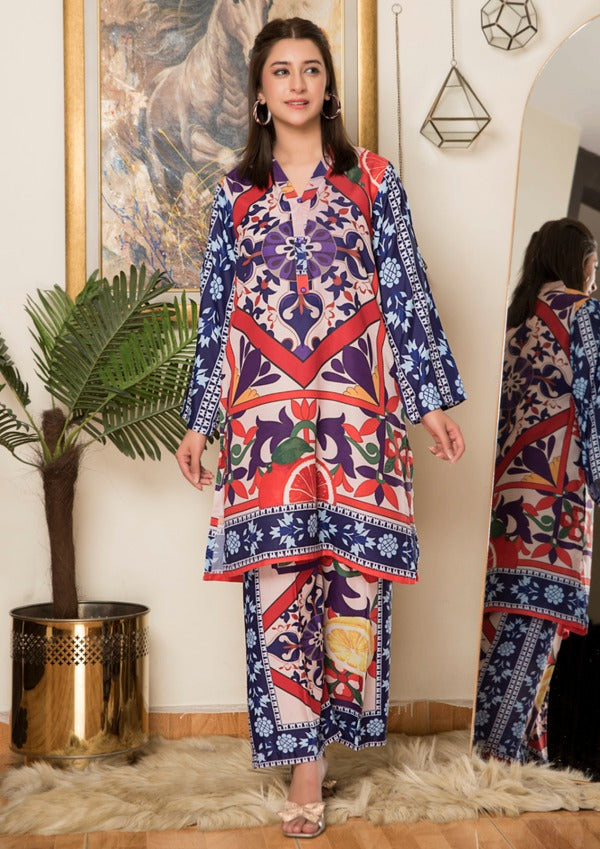 2Pc Printed Arabic Silk Lawn Set