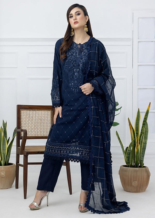 Chiffon Masterpiece 3-Piece Set – Spangle-Embroidered Top with Silk Trousers & Majestic Dupatta