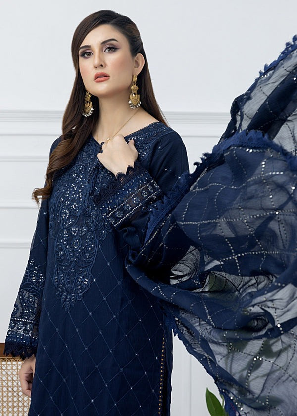 Chiffon Masterpiece 3-Piece Set – Spangle-Embroidered Top with Silk Trousers & Majestic Dupatta