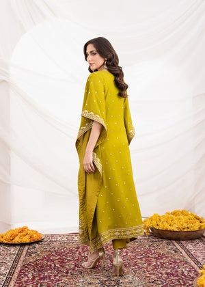 Olive Green Embroidered A-Line Kaftan with Silk Trouser – 2-Piece Set
