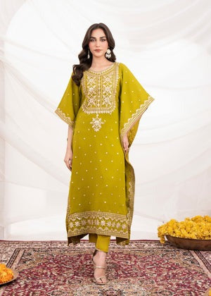 Olive Green Embroidered A-Line Kaftan with Silk Trouser – 2-Piece Set