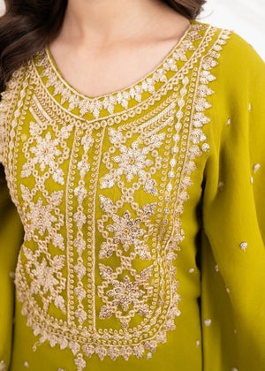 Olive Green Embroidered A-Line Kaftan with Silk Trouser – 2-Piece Set