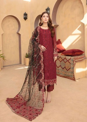 Maroon Embroidered Chiffon 4-Piece Kurta Set – Ready-to-Wear Ensemble