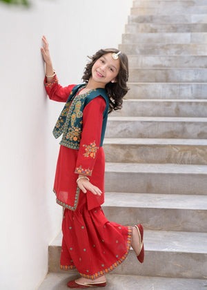 Red Embroidered Lawn Gharara Set with Flared Bottom & Outerwear – 3-Piece Festive Summer Wear