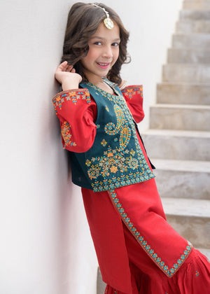 Red Embroidered Lawn Gharara Set with Flared Bottom & Outerwear – 3-Piece Festive Summer Wear