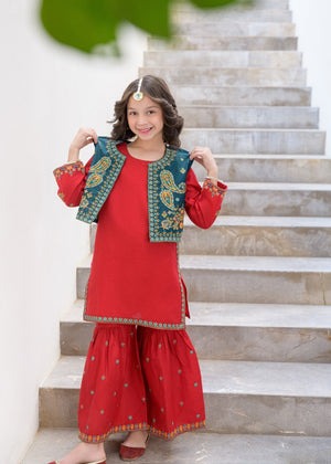 Red Embroidered Lawn Gharara Set with Flared Bottom & Outerwear – 3-Piece Festive Summer Wear