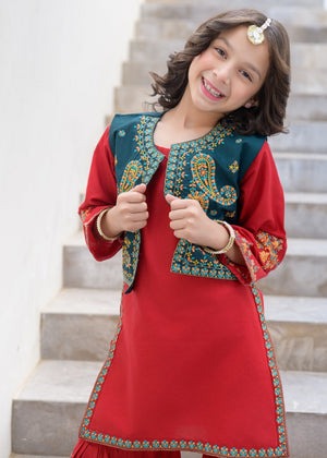 Red Embroidered Lawn Gharara Set with Flared Bottom & Outerwear – 3-Piece Festive Summer Wear