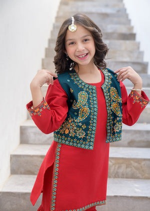 Red Embroidered Lawn Gharara Set with Flared Bottom & Outerwear – 3-Piece Festive Summer Wear