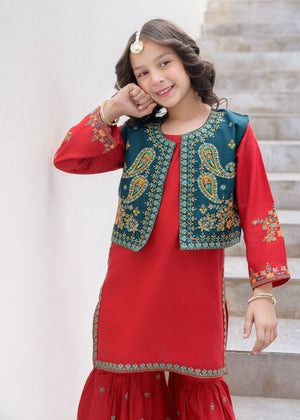 Red Embroidered Lawn Gharara Set with Flared Bottom & Outerwear – 3-Piece Festive Summer Wear