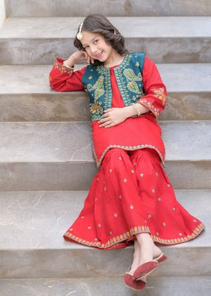 Red Embroidered Lawn Gharara Set with Flared Bottom & Outerwear – 3-Piece Festive Summer Wear