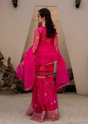 Pink Embroidered Organza Flared Gharara 3-Piece Girls Set