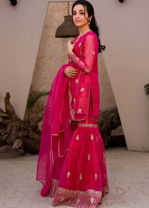 Pink Embroidered Organza Flared Gharara 3-Piece Girls Set