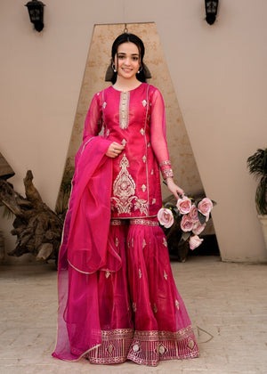 Pink Embroidered Organza Flared Gharara 3-Piece Girls Set