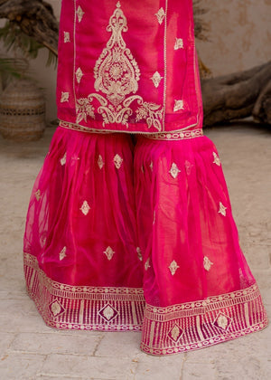 Pink Embroidered Organza Flared Gharara 3-Piece Girls Set