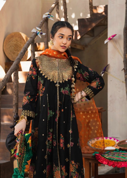 Black Embroidered Cotton 3-Piece Set – Flared Pishwas with Straight Trouser & Organza Dupatta