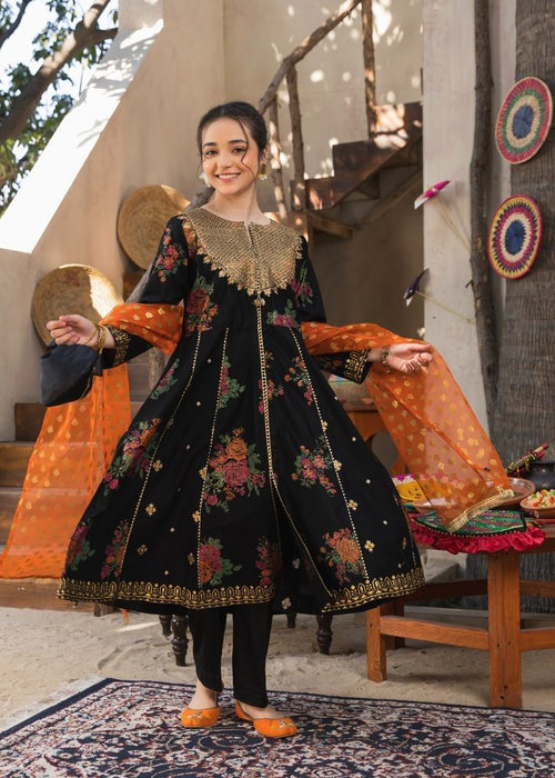 Black Embroidered Cotton 3-Piece Set – Flared Pishwas with Straight Trouser & Organza Dupatta