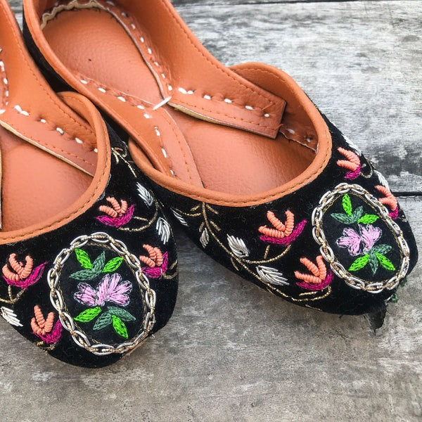 Black Velvet Kids Khussa with Peach & Pink Embroidery