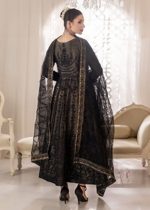 Black Organza Layered Maxi Pishwas with Intricate Black Embroidery & Raw Silk Trousers