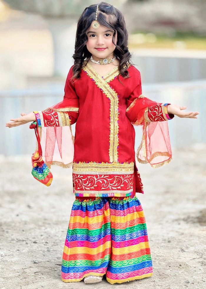 Red Raw Silk 3-Piece Girls Angrakha Kurti with Jamawar Gharara & Net Dupatta