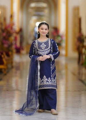 Midnight Blue Embroidered Khaddi Net 3-Piece Long Kurta Set – Daily Wear