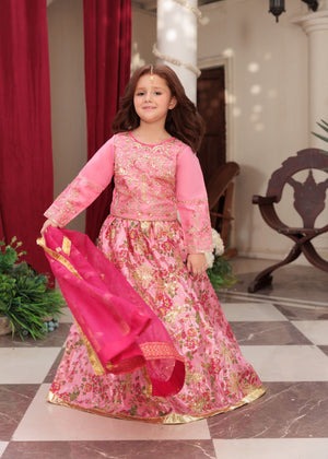 Bubblegum Pink Embroidered Organza Kurti with Multi-Layered Lehenga & Organza Dupatta – 3-Piece Festive Set