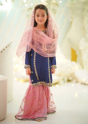 Navy Blue Embroidered Raw Silk 3-Piece Gharara Set with Organza Dupatta – Festive Wear