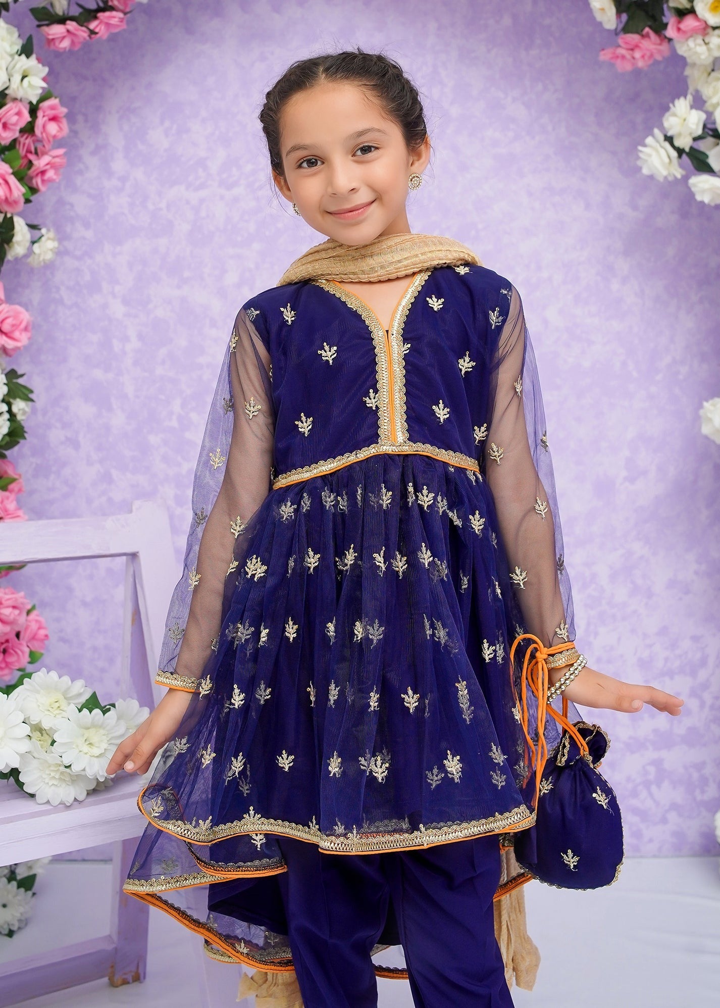 Blue Embroidered Net Frock Suit for Girls – 3 Piece Stitched Ready-to-Wear Set
