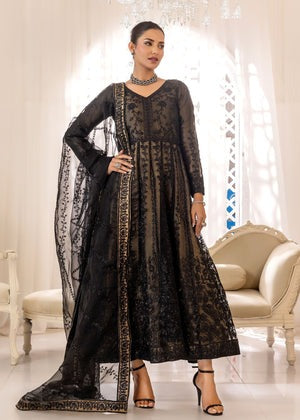 Black Organza Layered Maxi Pishwas with Intricate Black Embroidery & Raw Silk Trousers