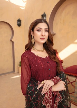 Maroon Embroidered Chiffon 4-Piece Kurta Set – Ready-to-Wear Ensemble
