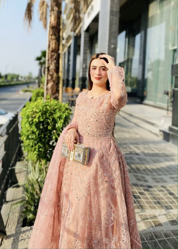 Embellished Tea Pink Maxi Dress with Pearl & Mirror Work