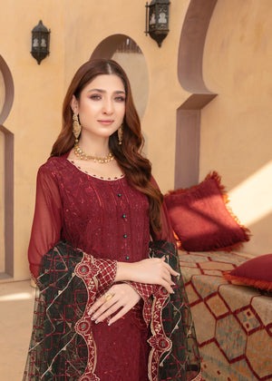 Maroon Embroidered Chiffon 4-Piece Kurta Set – Ready-to-Wear Ensemble