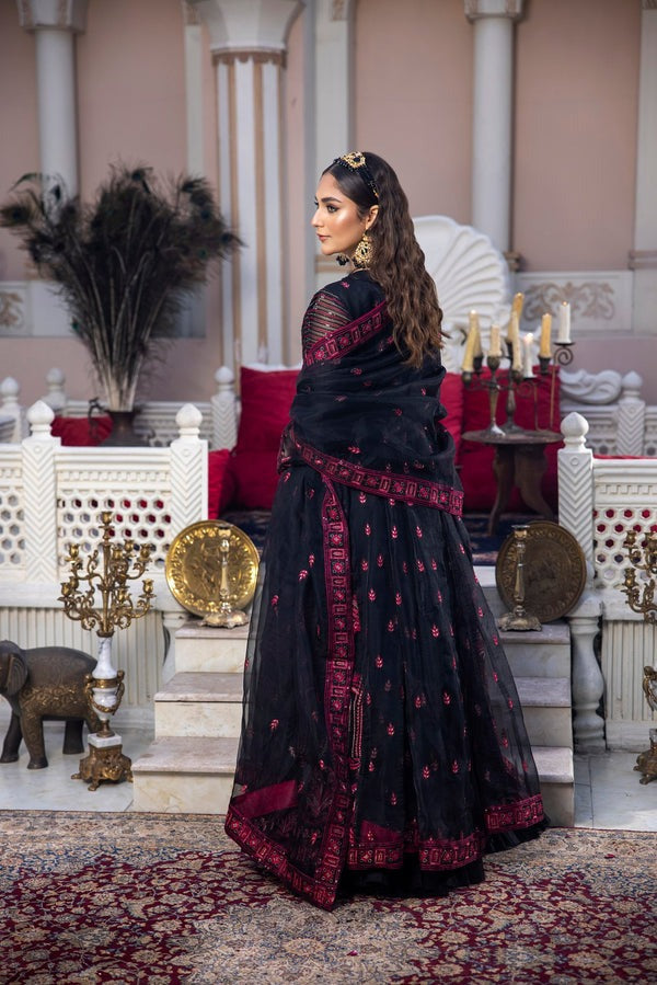 Ebony Radiance – Classic Embroidered Dress with Organza Dupatta